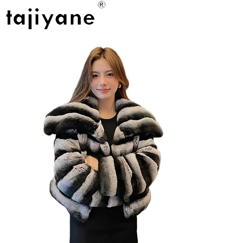 เสื้อโค้ทขนกระต่ายแท้ TAJIYANE แบบสั้น ปกเสื้อแบบปกแหลม สำหรับผู้หญิง ลายทางทันสมัย สไตล์ใหม่ปี 2025 เสื้อคลุมดูเบลนกาสำหรับผู้หญิง