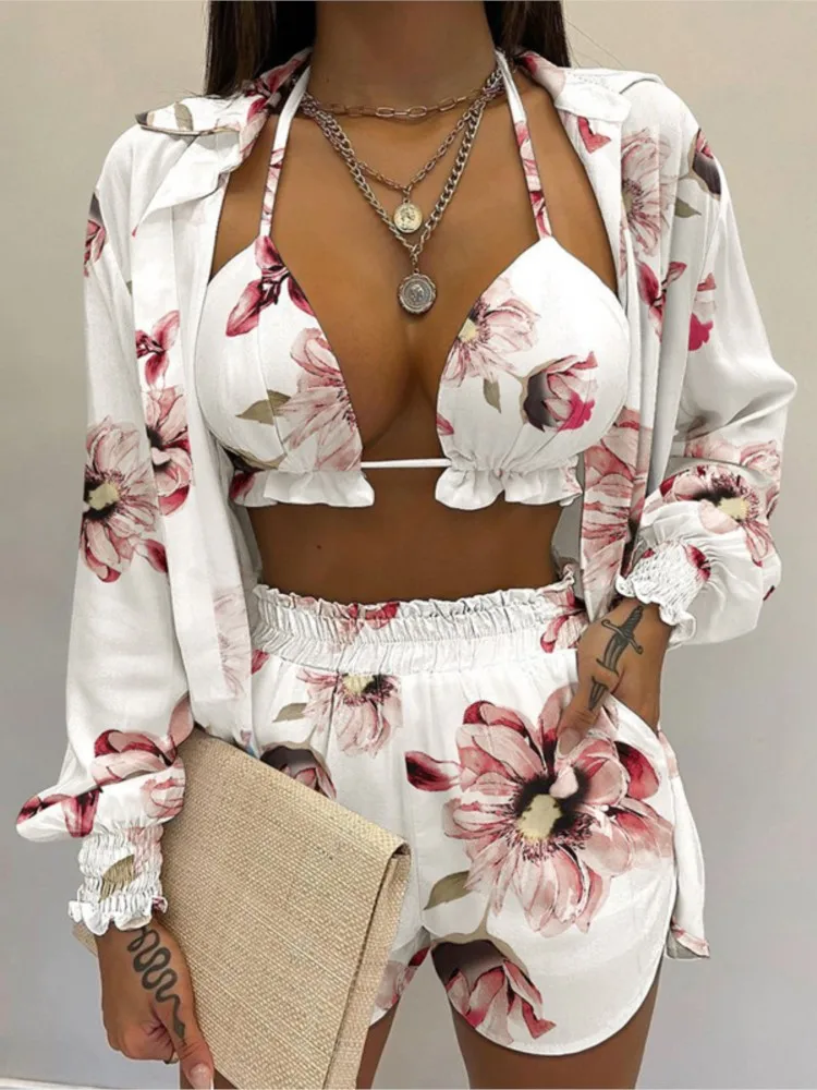Summer Fashion Print Three Piece Set Women Sexy Camisole Shirt Cardigan Shorts 3 Piece Sets Female Casual Beach Vacation Set