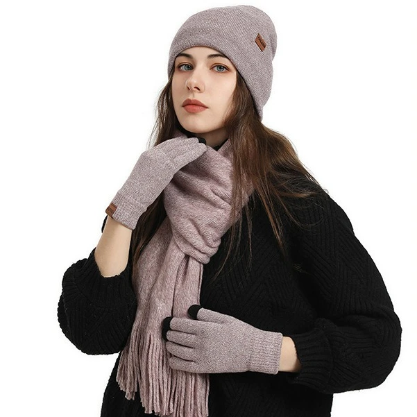 Women Winter 3Pcs Fleece Lined Knit Set Pom Pom Beanie Touch Screen Gloves Tassel Scarf Thick Warm Cold Weather Accessories