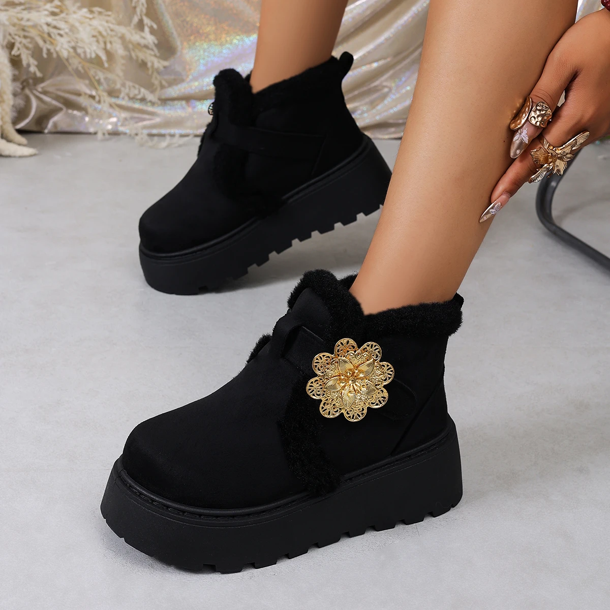 Women Comfort Platform Fluffy Fur Snow Boots 2026 Winter Thick Bottom Furry Ankle Boots Colored Bead Lace Up Suede Casual Shoes