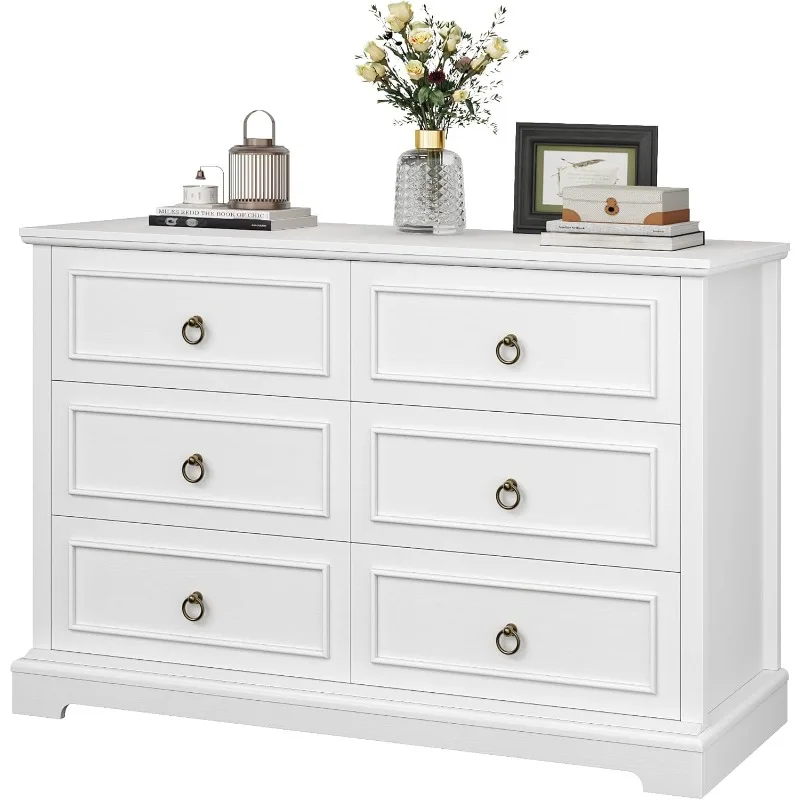 Dresser for Bedroom with 6 Drawers, Chest of Drawers, Wide Wood Double Dressers, Modern Farmhouse Storage Dresser