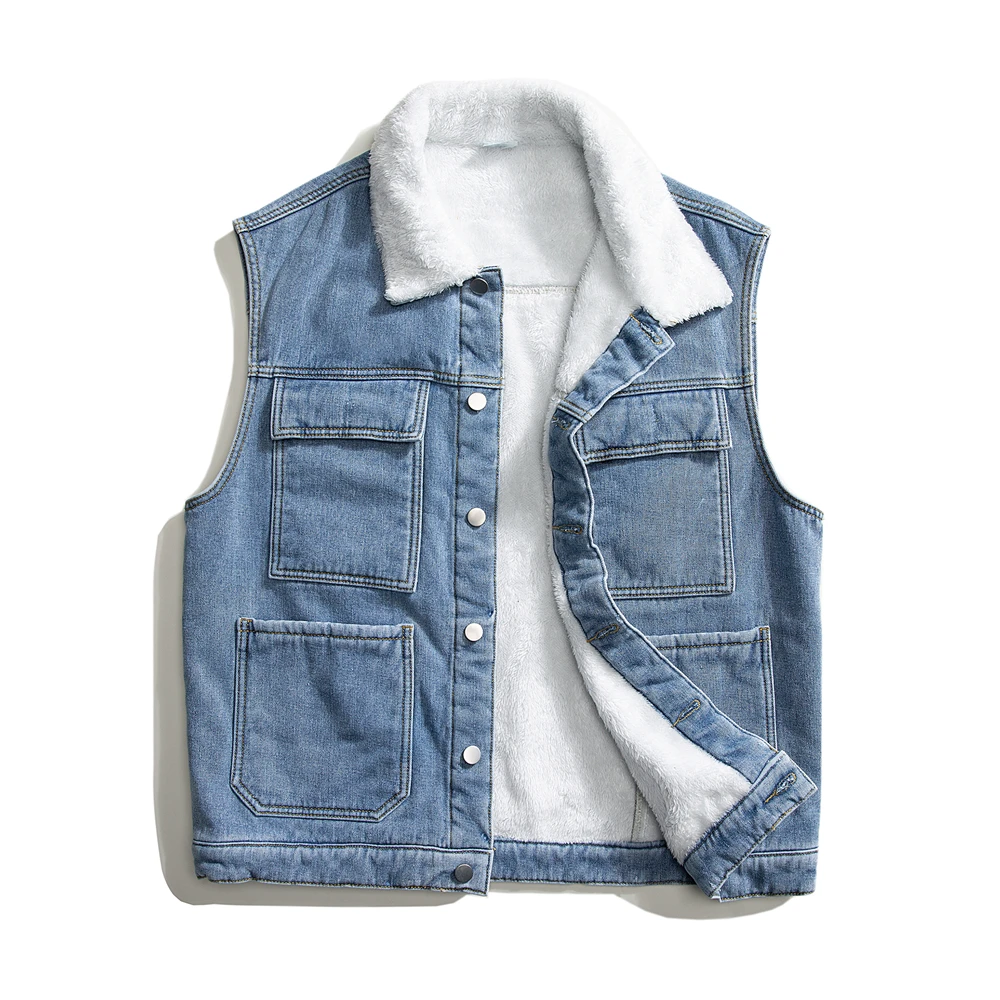 

Winter Fleece Denim Vest Men Youthful Vitality Turn Down Collar Solid Color Casual Waistcoat Mens Cotton Warm Sleeveless Jackets