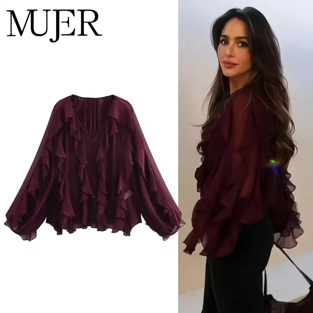 

Mujer Ruffle Womens Blouses Semi Sheer Casual Blouses Woman Spring Fairy Shirts And Blouses For Lady Long Sleeve Tops Woman2025