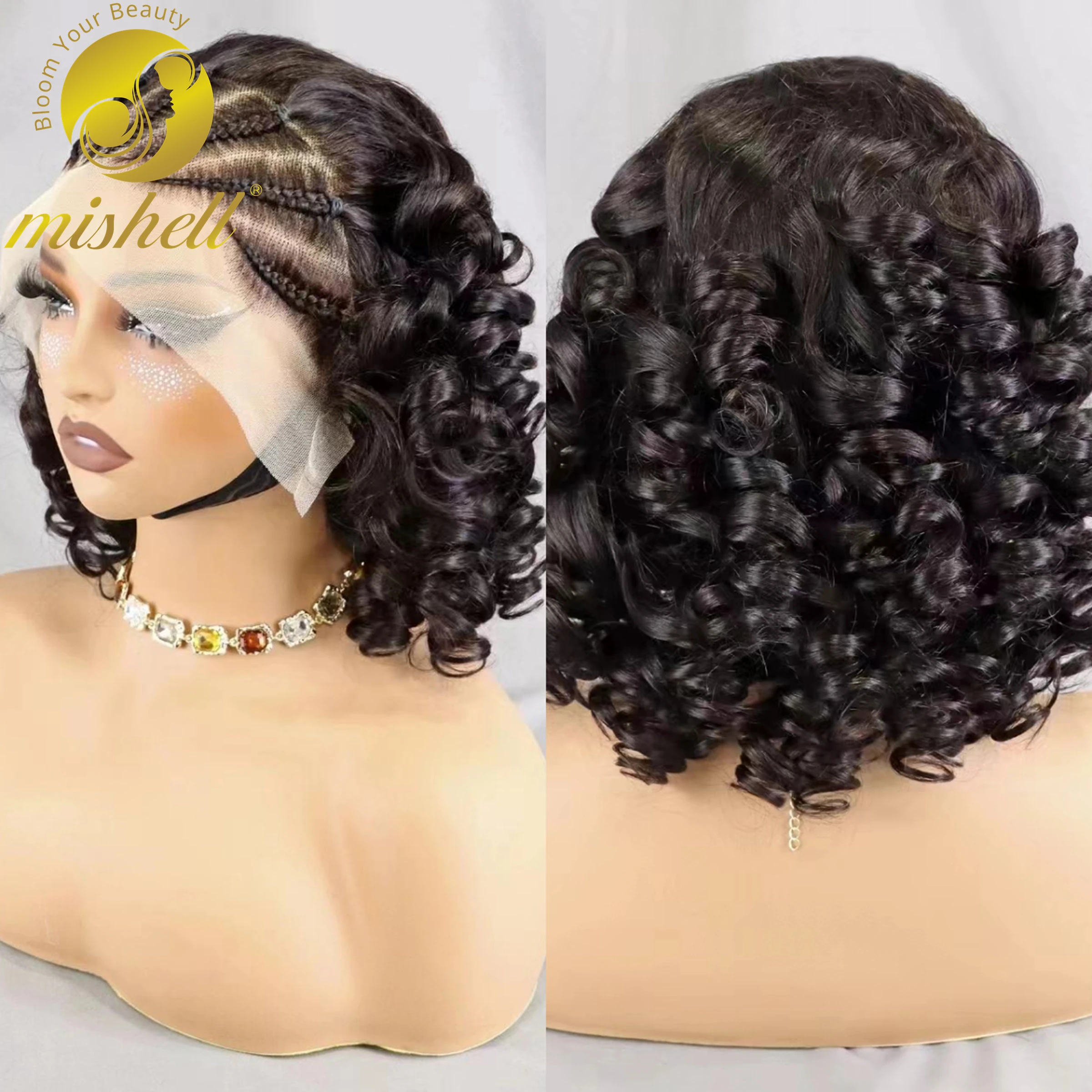 

Natural 250% Density 13x4 Lace Frontal Wigs 18 Inch Remy Human Hair Cornrow Braided Wigs Loose Fumi Curly Hair Bob Wig for Women