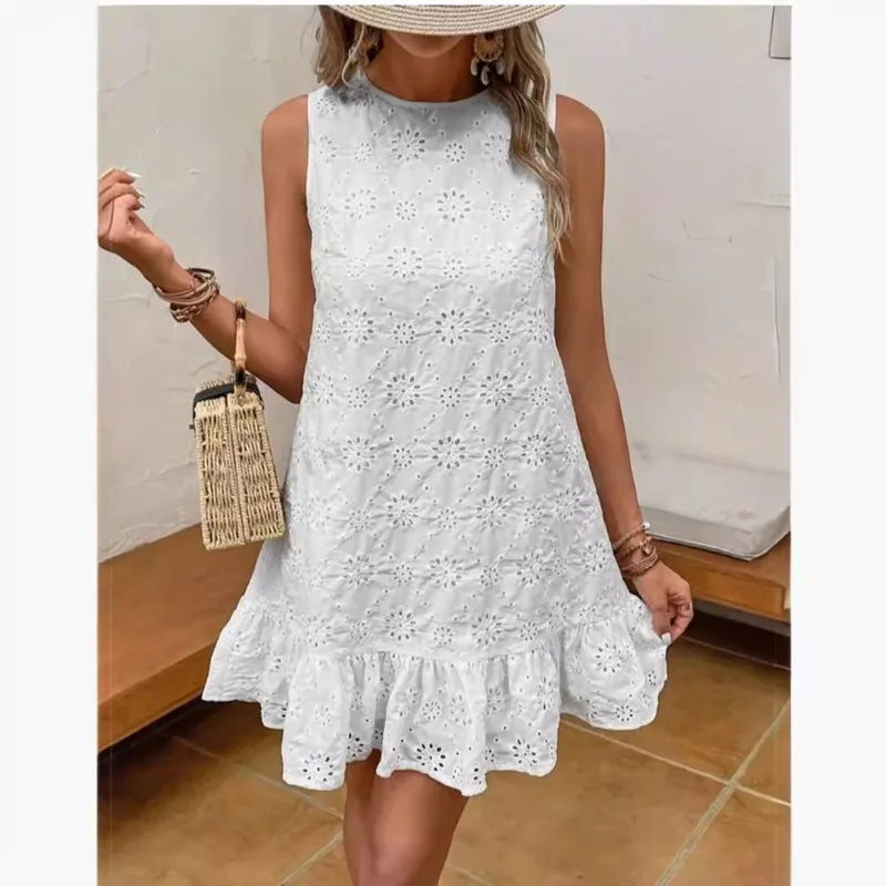 

Summer Elegant Mini Dresses O-Neck Embroidery Sleeveless Mini Straight Dresses Y2k Vacation Fashion Summer Bohemian Dress Платье