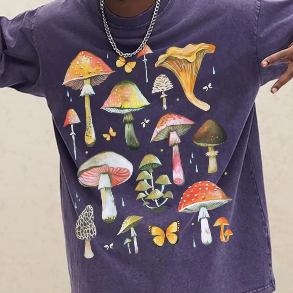 

Retro Washed Shoulder T-Shirt Round Neck High Quality Pure Cotton Delicious Mushroom Print Fashion Summer New Short Sleeves