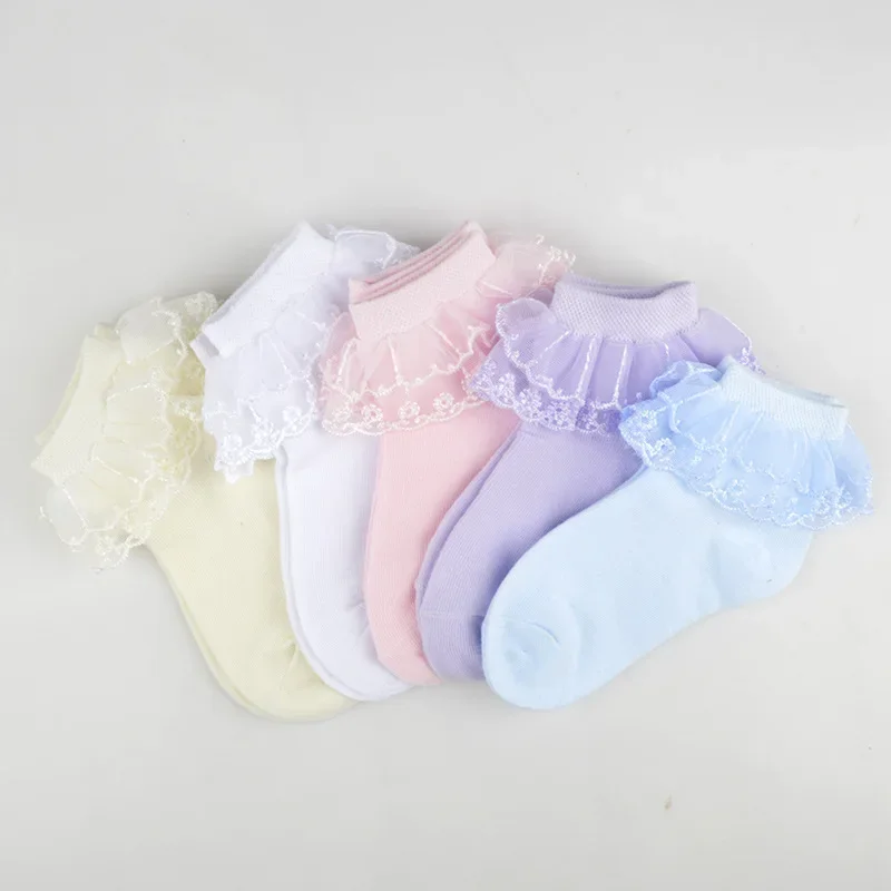 5 Pairs/lot Baby Girls Kids Socks Lace Ruffle Princess Mesh Children Ankle Short Breathable Cotton White Pink Blue Toddler Sock