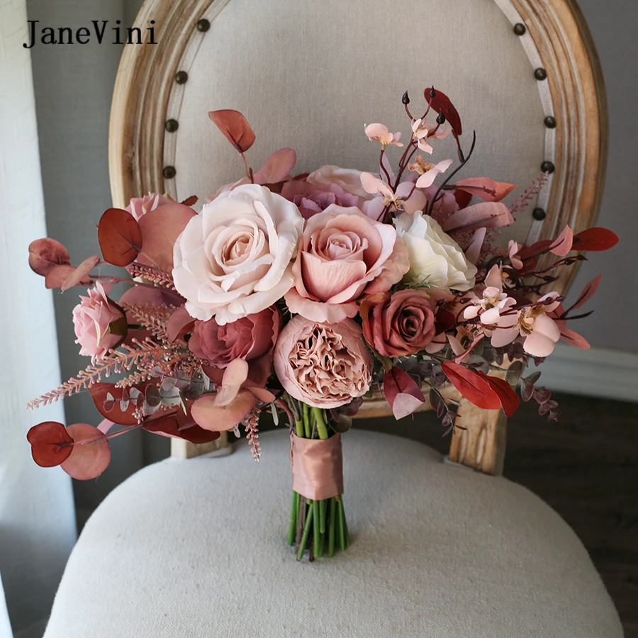 JaneVini Vintage Pink Bride Flower for Wedding European Bridal Bouquets Handmade Silk Roses Eucalyptus Fake Bouquet Accessories