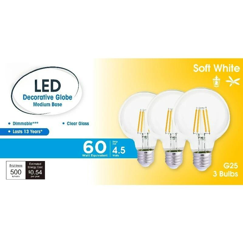 G25 LED Bulb, 4.5-Watt (60W Equivalent) Soft White Decorative Globe E26 Base Dimmable3 Pack