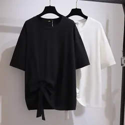 150Kg 플러스 사이즈 여성 여름 루스 보우 반팔 t 셔츠 바스트 157cm 6XL 7XL 8XL 9XL 10XL 라운드 넥 솔리드 탑 블랙 화이트