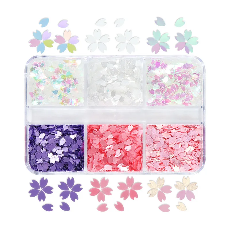 2024 New 6 Slots/box Sakura Nails  Charms Glitter Press On Nail Art Design Decorations Tools For Manicure Ornament Accessories