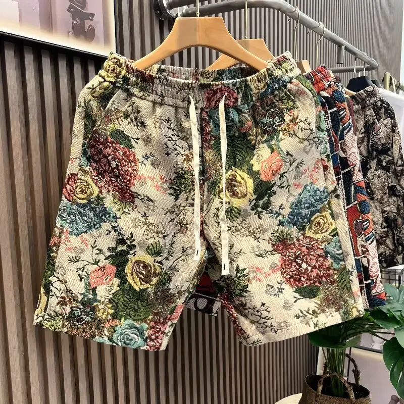 

2025 New Men's Short Pants Rose Print Beachwear Casual Five-Quarter Length Summer Fashion Floral Pattern Straight Leg Trousers