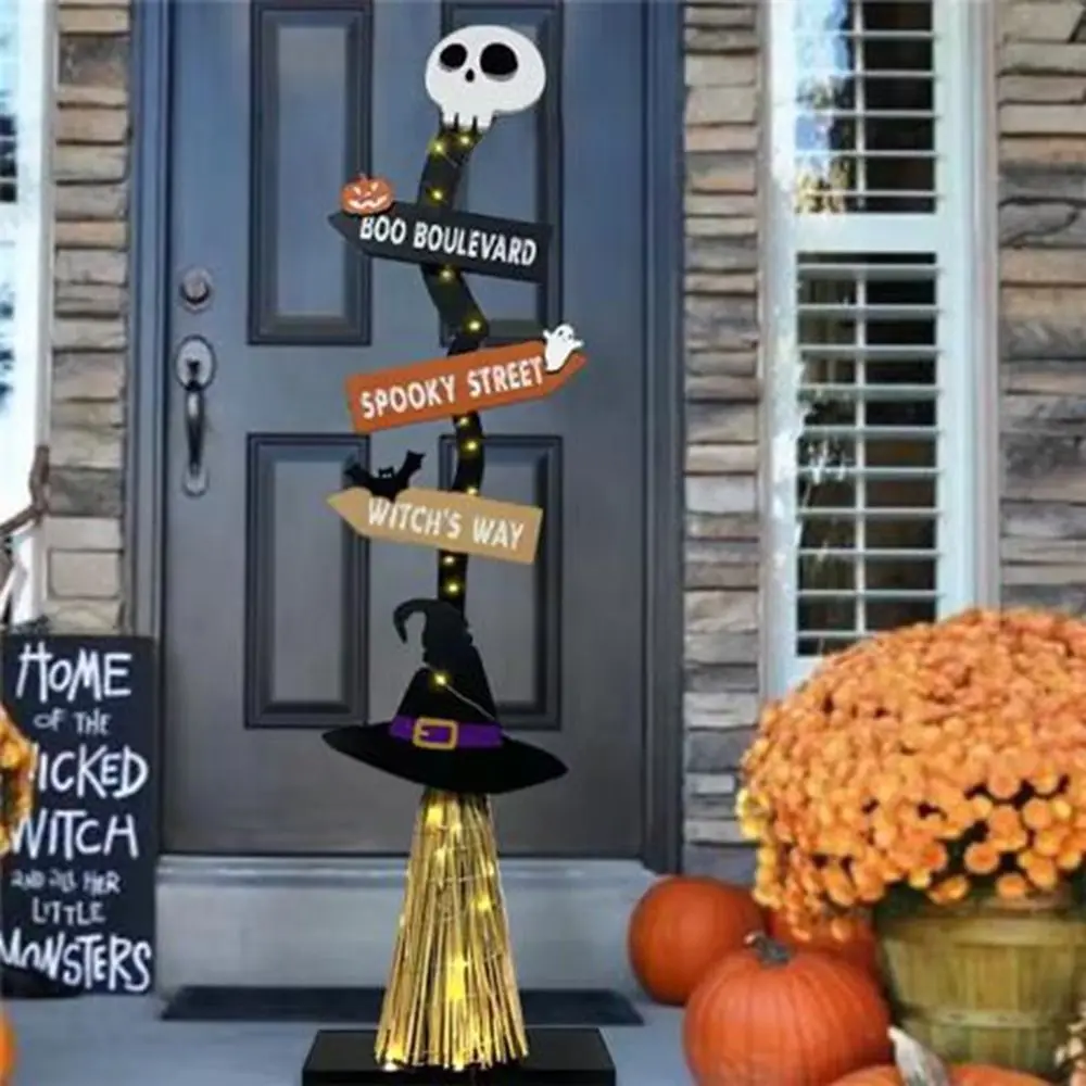 

Spooky Design Wooden Witch Broom Ghost Sign Without Light Halloween Broomstick Ornament with Base Ghost Decorative Plaque Party