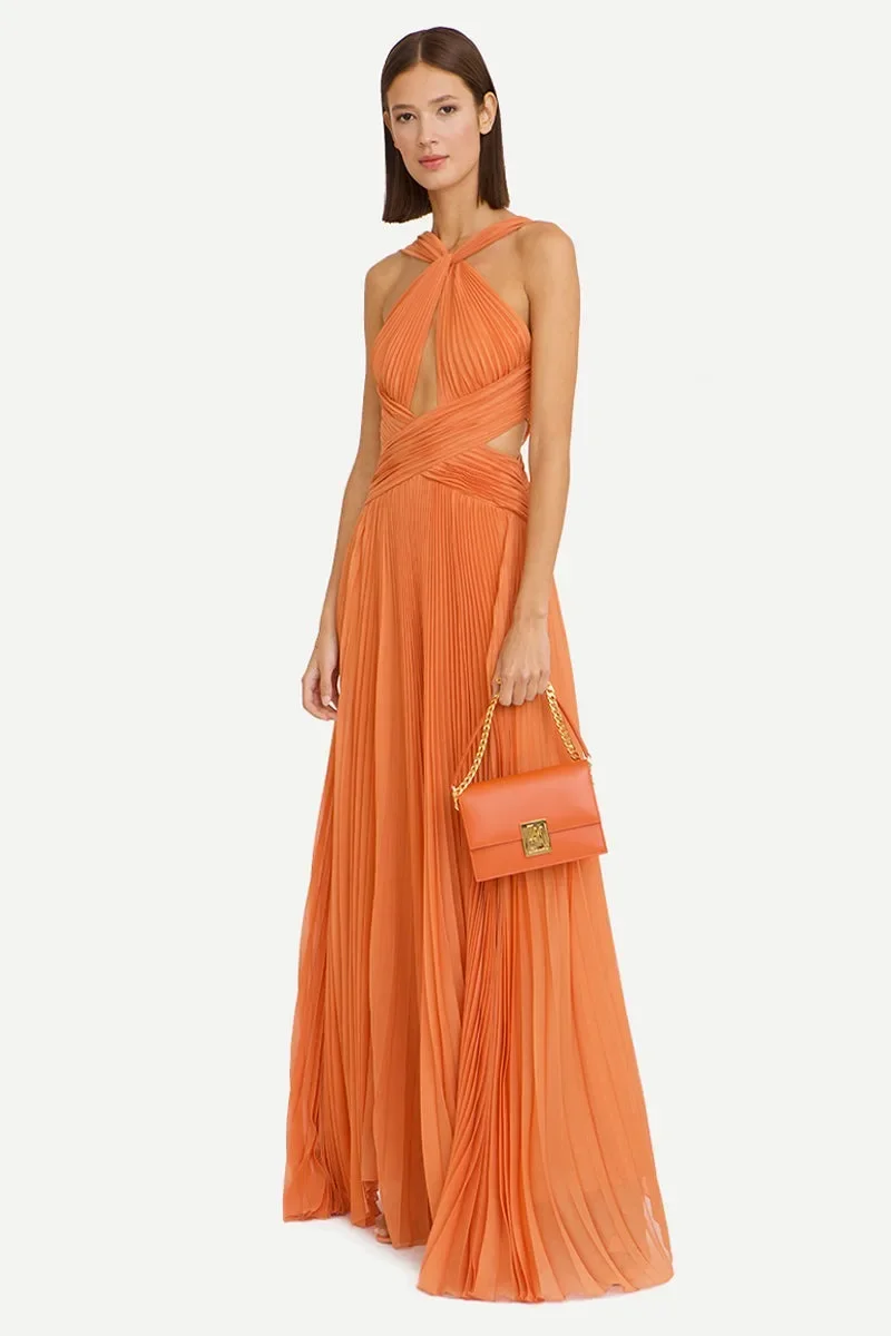 Elegantes vestidos de noche largos de color naranja con cuello halter, plisados, corte en A, tul, hasta el suelo, vestidos de fiesta para mujer