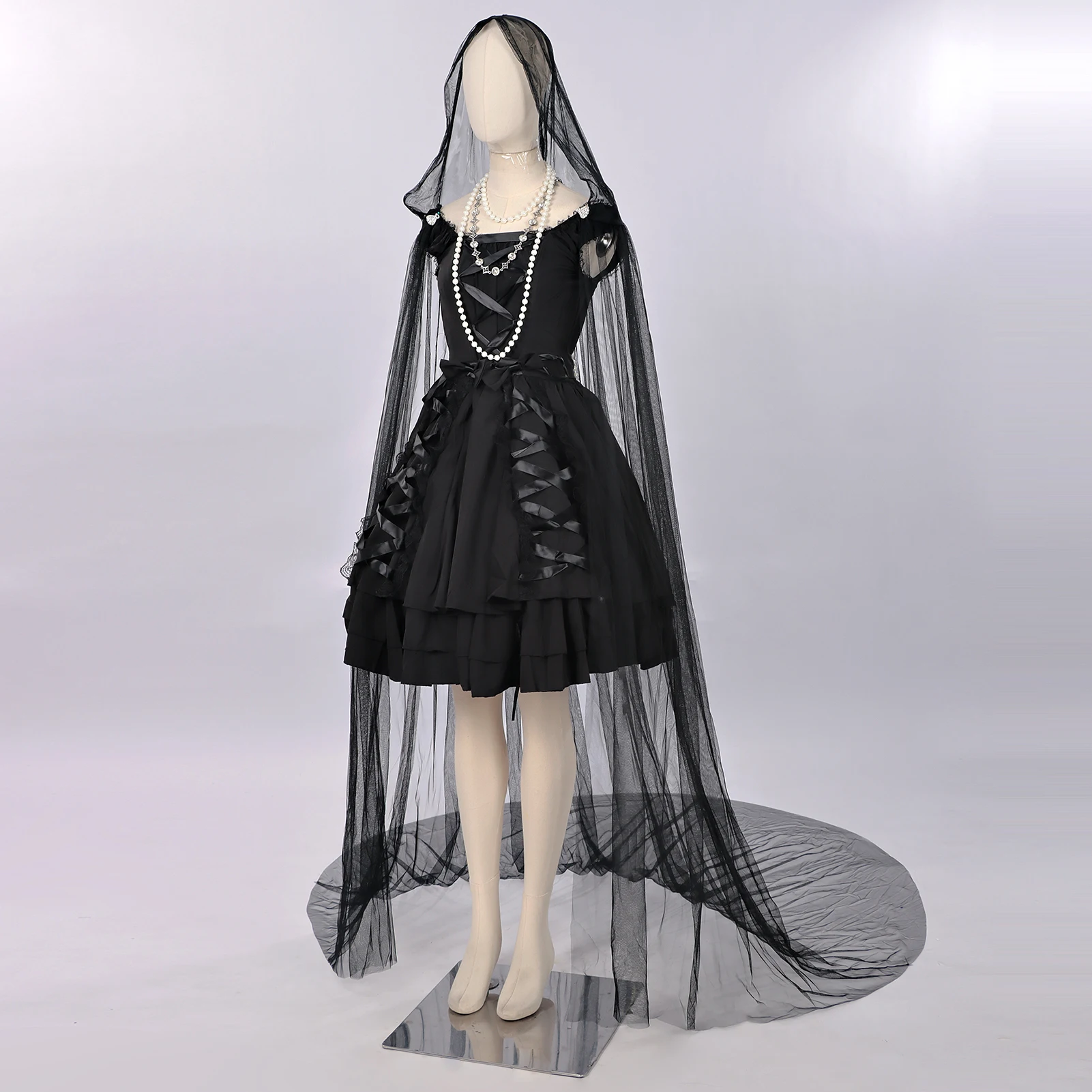 فستان نسائي أسود قوطي مع حجاب بطول الأرض، فستان أنيق للحفلات مكشكش