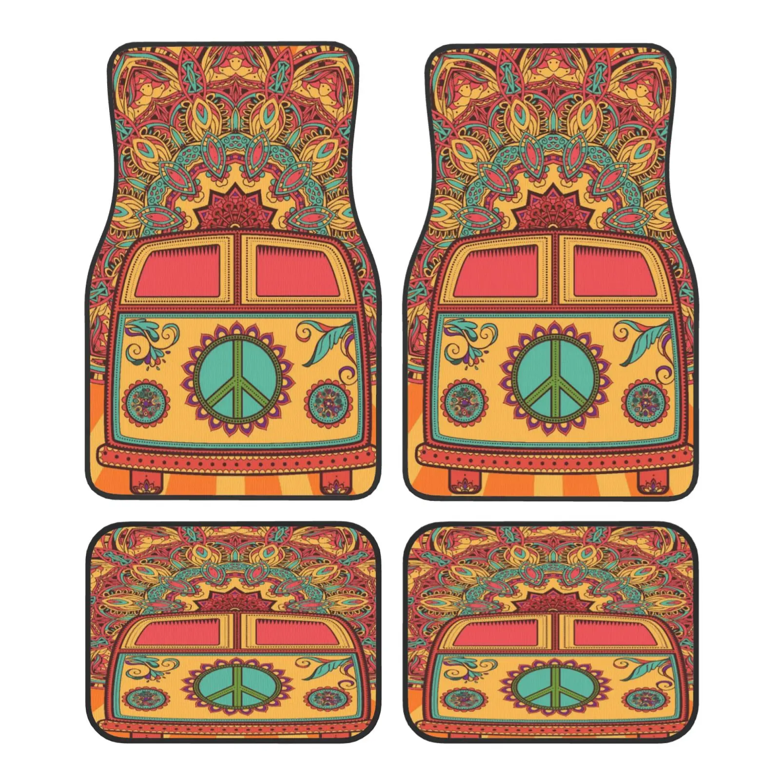 Yellow School Bus Print Car Floor Mats Non-Slip Carpets Rugs Front & Rear Car Foot Mats Set of 4 Pcs Auto Accessories Decor