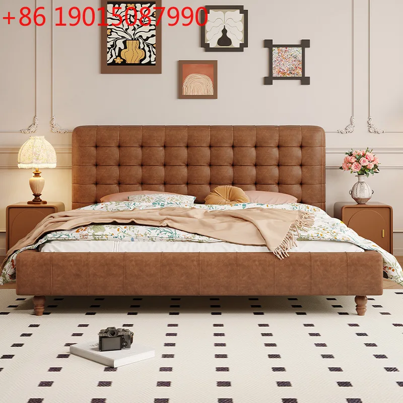 

Итальянская минималистичная кожаная кровать в средневековом стиле, элитная атмосфера, простая современная главная спальня, двуспальная свадебная кровать