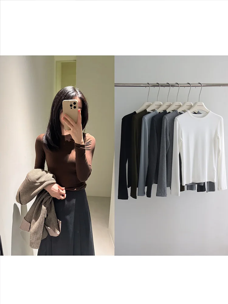 

Мягкая перламутровая футболка с круглым вырезом для женщин, осенне-зимняя, повседневная, приталенная, с длинным рукавом, в различных цветах