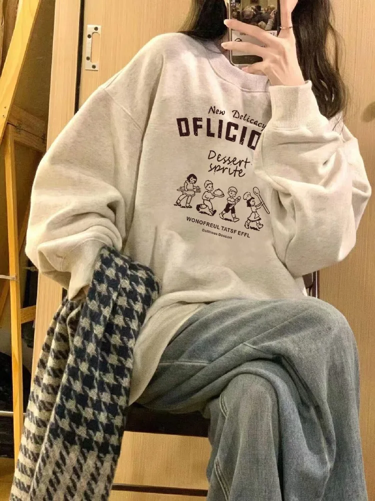 American Cartoon Print Plush Sweatshirt Women Autumn Winter 2025New Oversize O-Neck Long sleeve Pullover Y2K Top Female Clothing