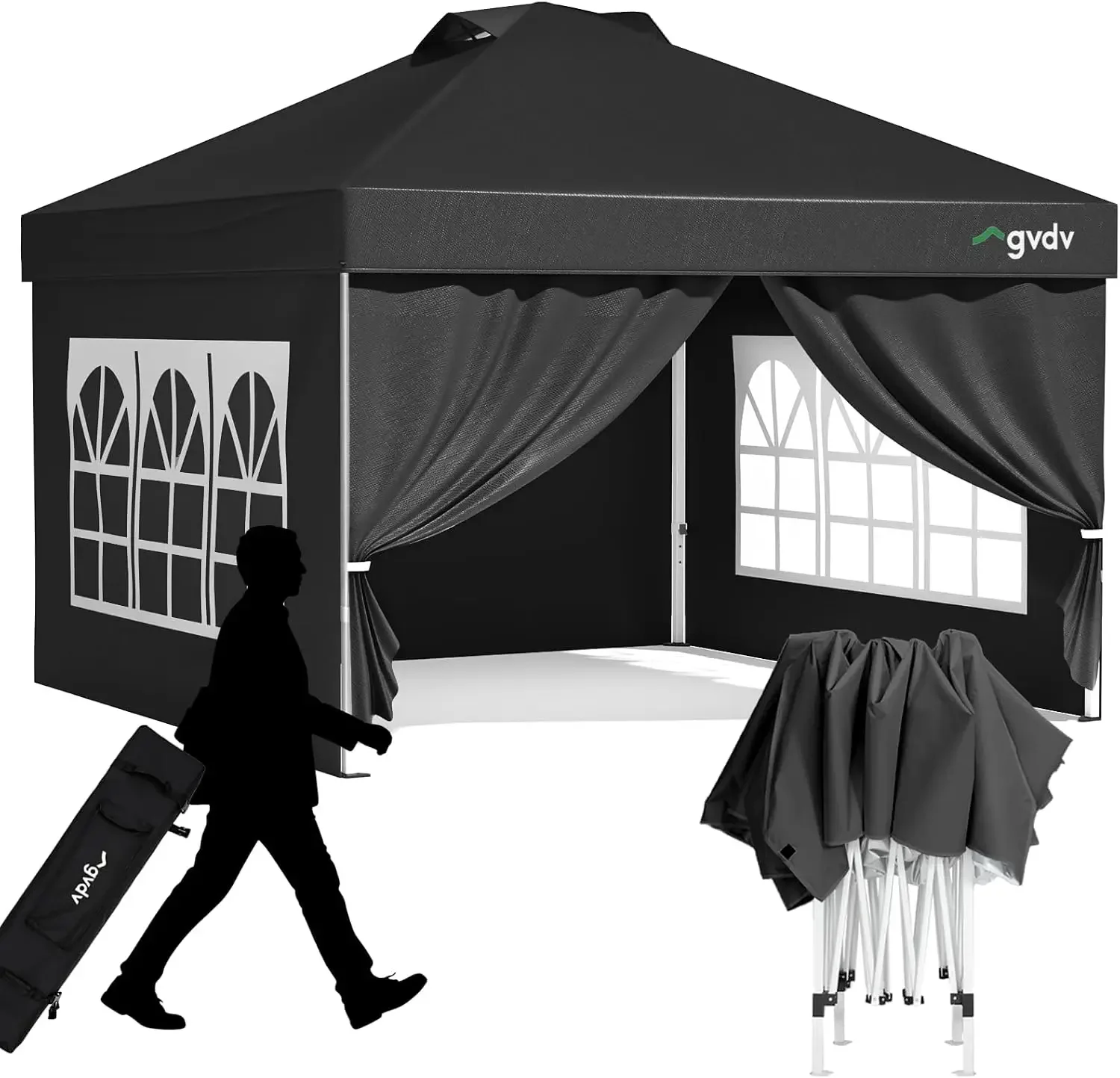 10x10 Pop Up Tent with 4 Sidewalls, One Push Canopy, CP23B, Black | Shade for camping, commercial event, backyard social