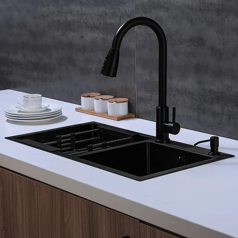 for 304 Stainless Steel Vegetable Basin Double Slot Black Diamond Nano Handmade Sink Kitchen Sink Household Black
