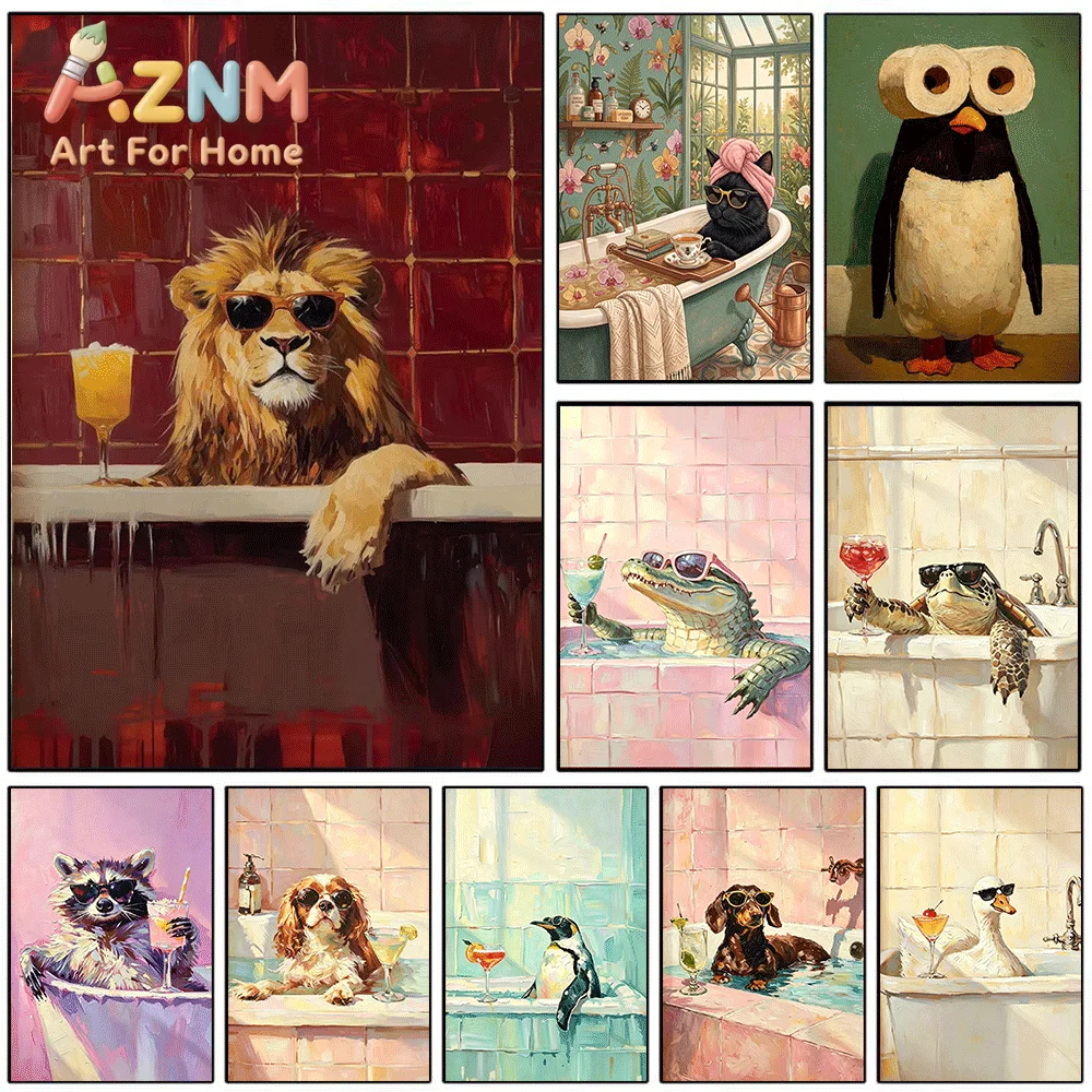 Funny Animals Relaxing in Bathtub Canvas Print, Whimsical Creatures With Cocktail Art Poster, Frameless Canvas Wall Picture fo