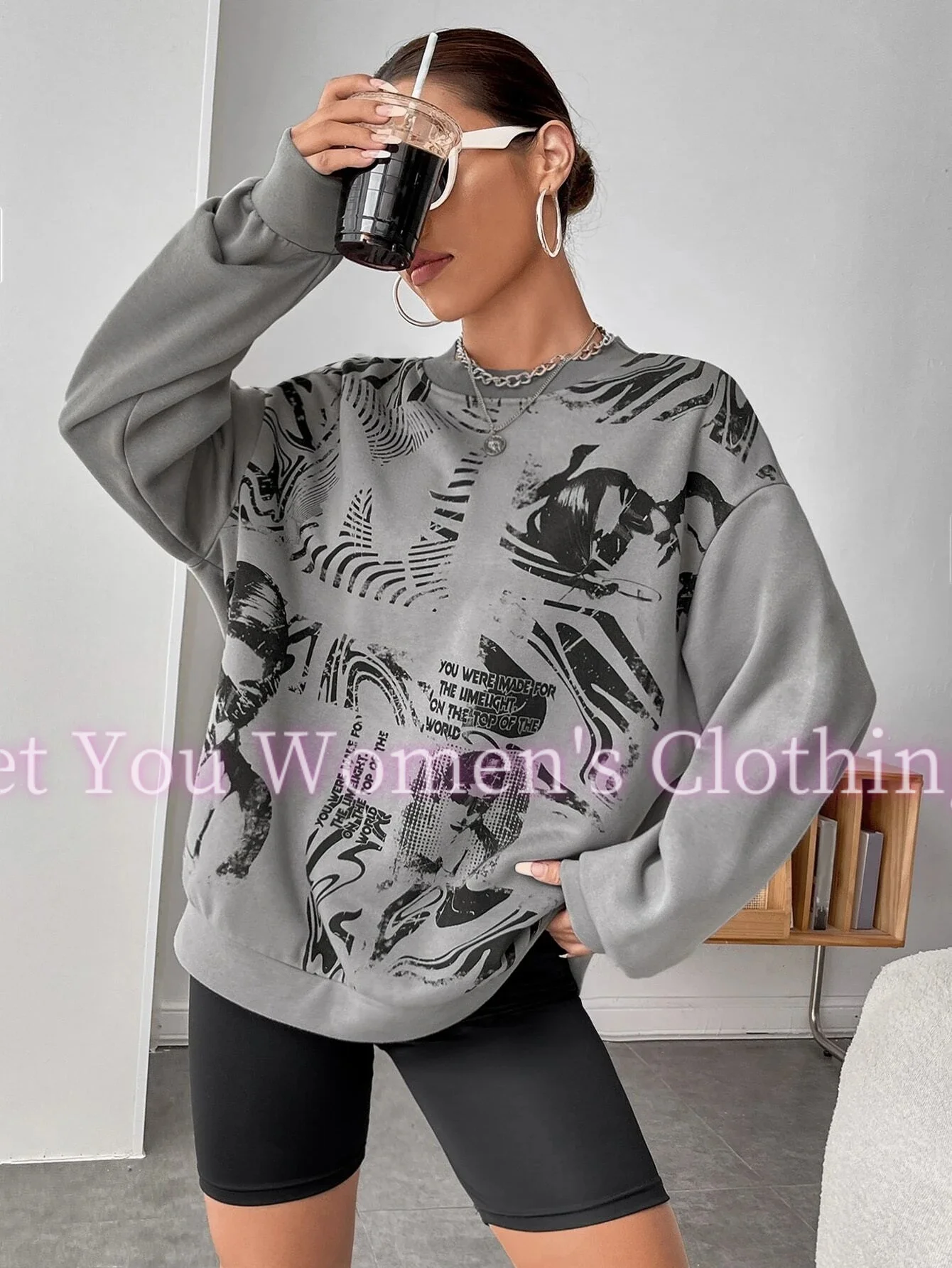 Alphabet graffiti style print Winter Women Round Neck Sweatshirt Outdoors All-Match Females Girl Tops Women Clothing