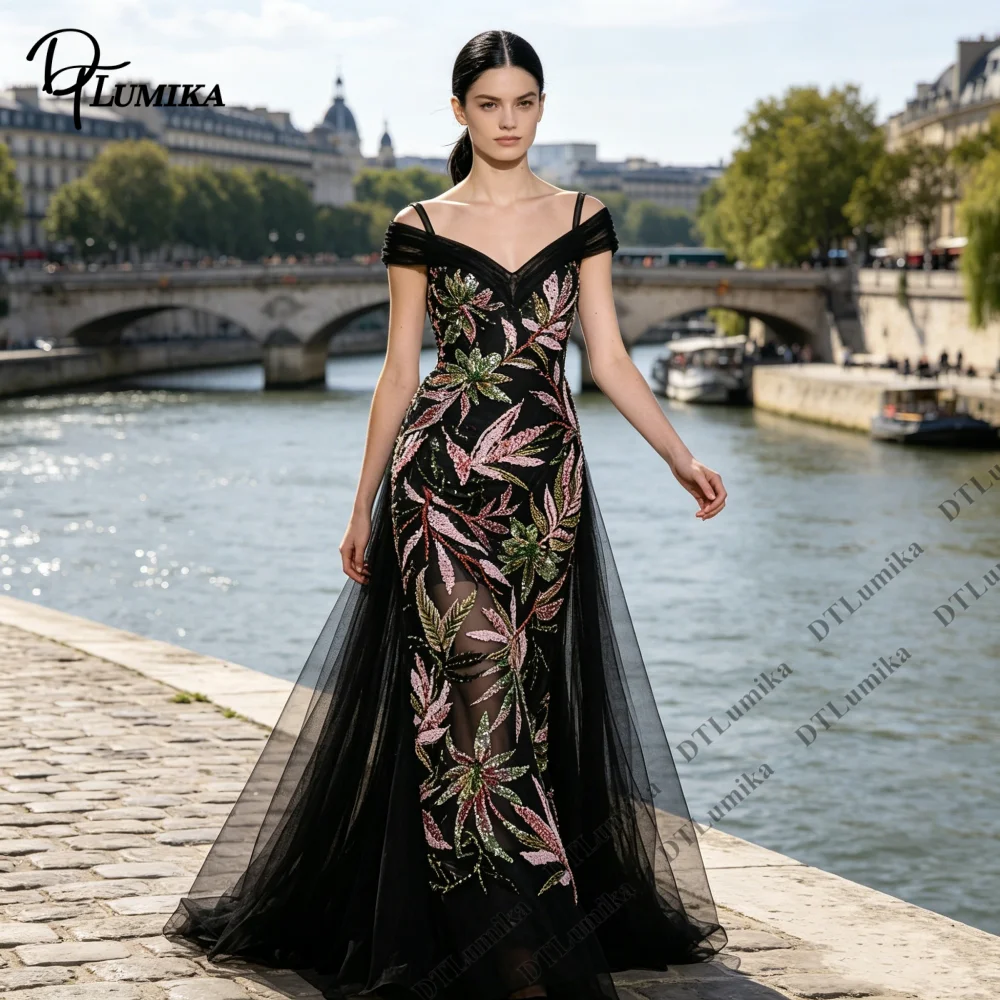 

DTLumika Leaf Beading Long Prom Gown Off Shoulder Black Tulle Overlay Sheath Silhouette Customized Evening Dress Maxi Dress
