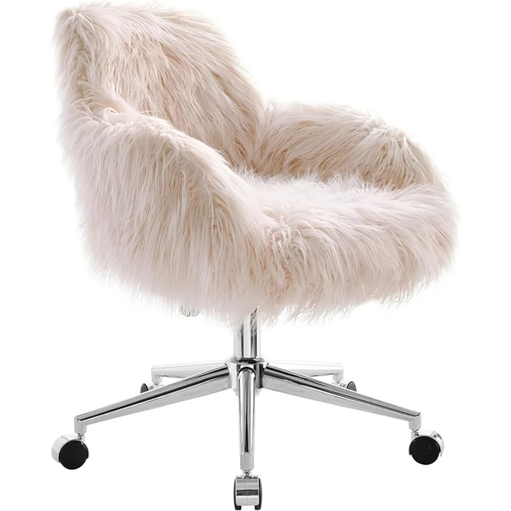 Chrome Base Office Chair, Metal, Pink Faux Fur Upholstered Seat and Back, Adjustable Seat Height Fashionable Office Chairs