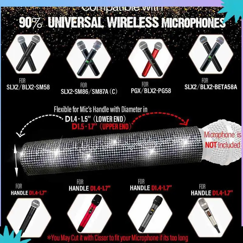 ABZW 4X Mikrofongriffabdeckung, glitzernde Bling-Strasssteine, Mikrofongriffhülle für Party- und TV-Show, für die meisten kabellosen Mikrofone, Schwarz