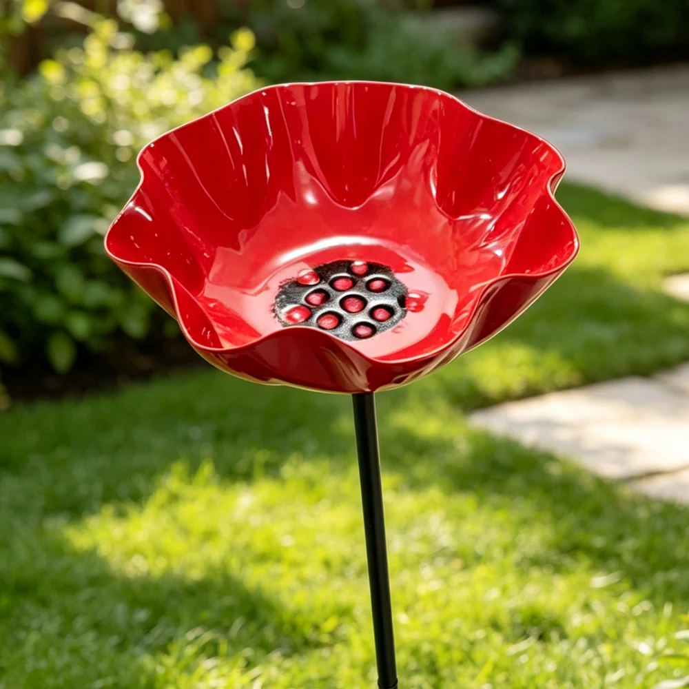 Handcrafted Metal Flower Garden Stake Ground Insert Iron Floral Sculpture Bird Bath Stake Wavy Curved Petal Rust-resistant
