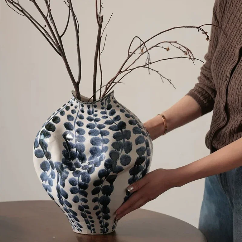 Hand‑made Ceramic Vase Blue‑White Dot Art Flower Vase Irregular Textured Ornament for Living Room Entryway Home Decor