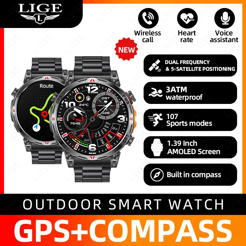 

LIGE NEW 2025 GPS Смарт-часы 1,39 "HD Экран Компас Барометрический Высотомер 530 мАч Батарея BT Голосовые вызовы Смарт-часы 107 Спорт