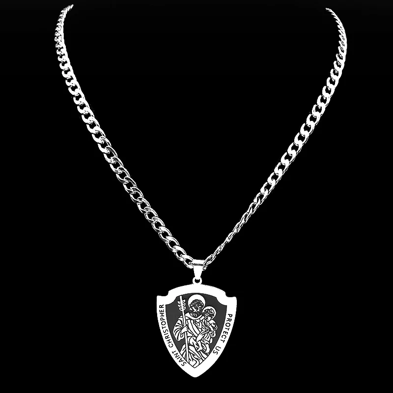 قلادة سانت كريستوفر تحمينا للنساء والرجال من الفولاذ المقاوم للصدأ باللون الفضي سلسلة تميمة مسيحية هدية مجوهرات