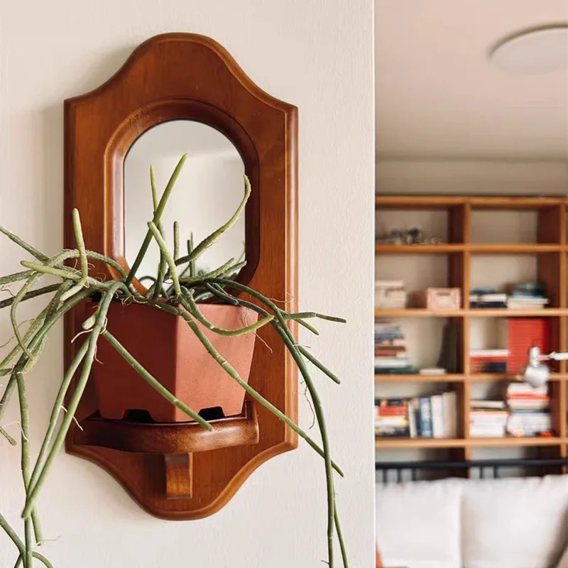 Vintage-Wandregale aus Holz, Retro-Design, hängender Spiegel, funktionelle Aufbewahrung für Kerzen und Pflanzen, Wandregal für Café- und Heimgeschenke