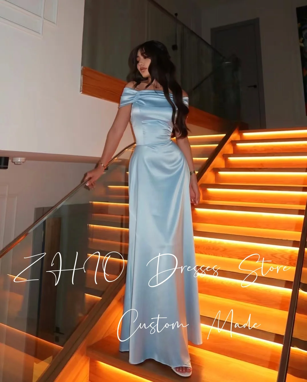 ZHIO Elegant Blue Evening Dress Off Shoulder Pleat A-Line Floor Length Satin Special Occasion Party Dresses Customized Arabic