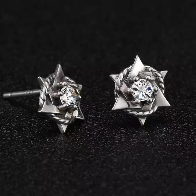 Retro Six Pointed Star Earrings for Men Trendy Personalized Hip-hop Thai Silver Earrings Zircon Black and White Ear Stud KOFSAC