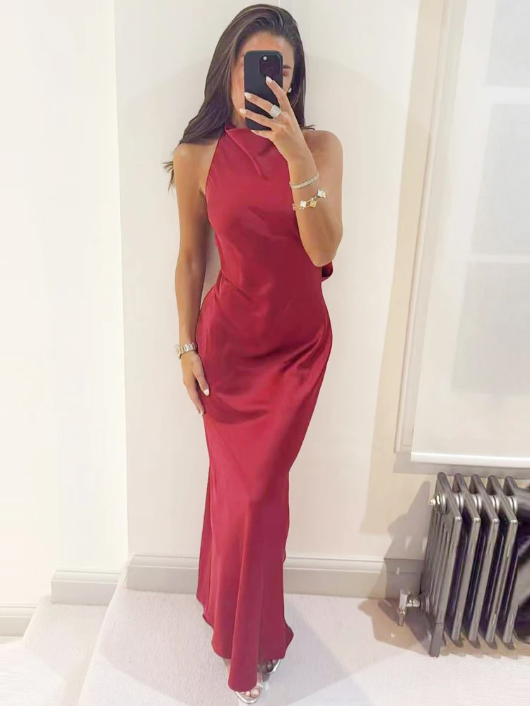 HXAO Sexy rotes Neckholder-Kleid, Damenkleid, Sommer, schick, Satin, rückenfrei, langes Kleid, Midi, ärmellos, Vestidos, elegante Cocktailkleider