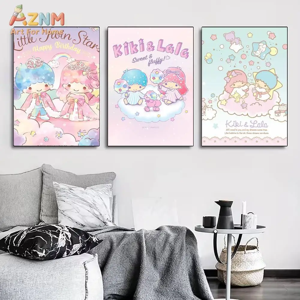 

AZNM Little Twin Stars Kiki Lala Sanrio, безрамный холст, настенный художественный принт, кавайный декор для комнаты, постер для детской спальни