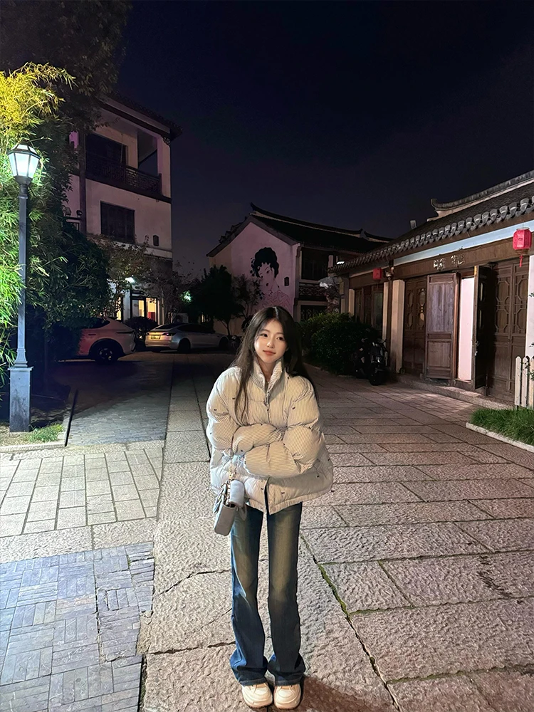 

Blue Striped Knot Thickened Cotton Jacket Women's Winter Loose Stand Collar Korean Style Small Size Super Cute Cott...