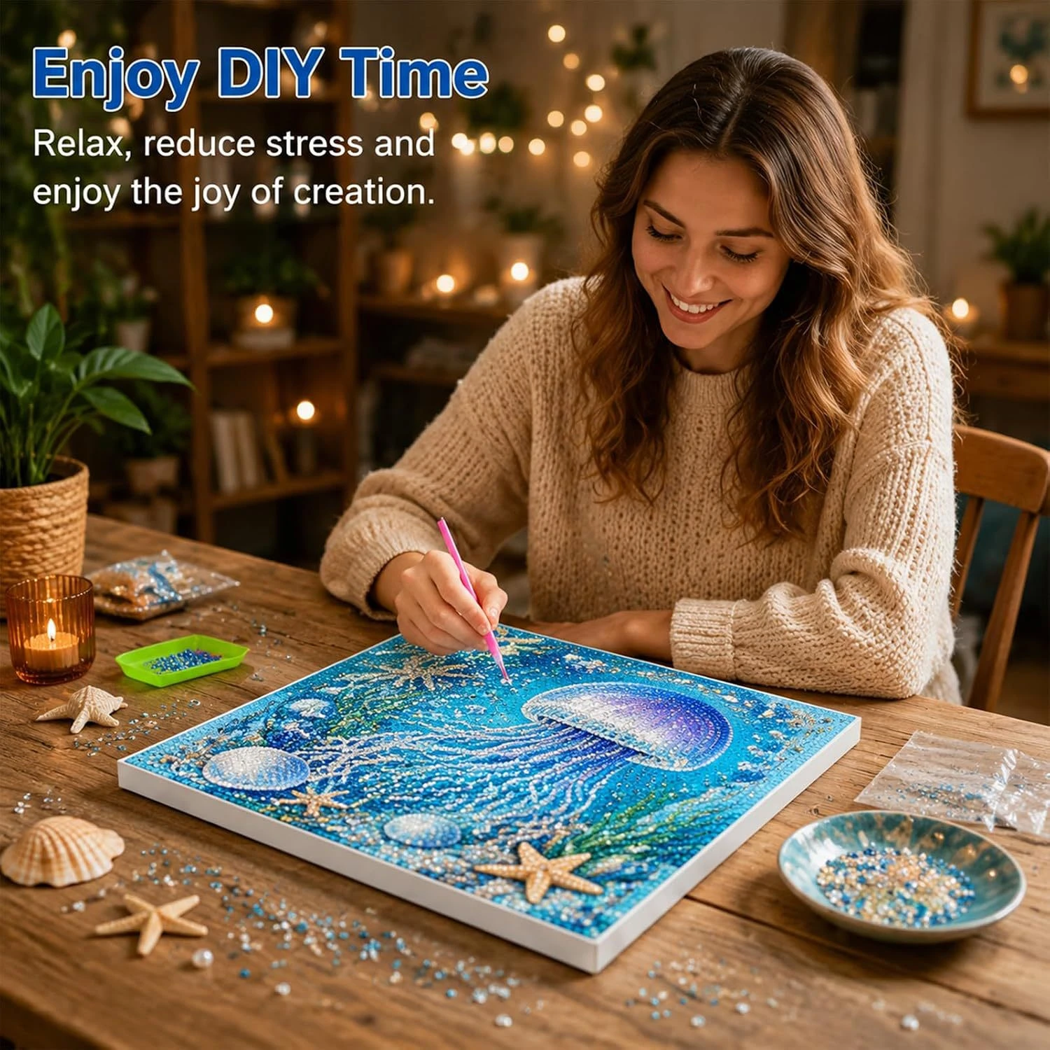 Ozean-Themen-Perlenmalerei-DIY-Set, handgemachte Diamantmalerei-Dekorationen mit Schildkröten, Delfinen und Oktopusen, Perlen-Diamantmalerei-DIY-Materialpaket, Weihnachts-Hängeornamente für Erwachsene, stressabbauend u – Detail 1