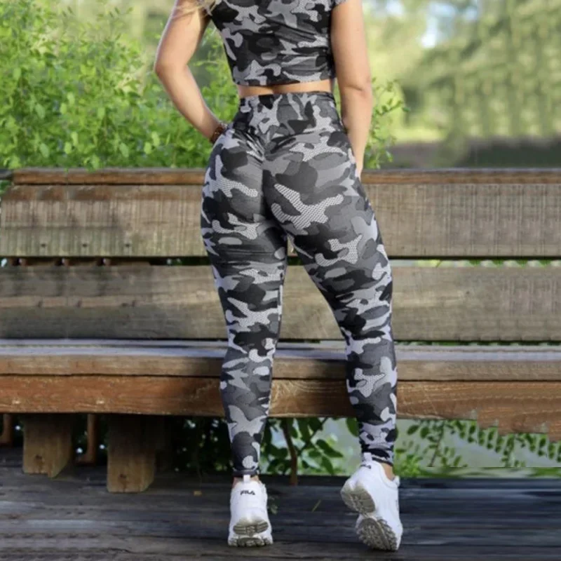Oshoplive Women's Sportswear Two Pieces Sets 2025 New Summer Fashion Camouflage Short Sleeves Tops & High Waisted Leggings Pants