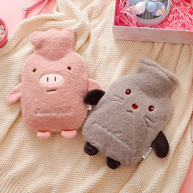 1/2 L Hot Water Bottle With Cover Pig Bear Cold-proof Plush Hot Water Bottle Protective Removable Hot Water Bag Cover Supplies