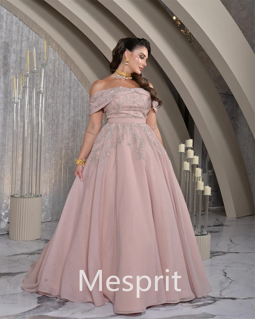 Mesprit-exquisito vestido de noche de línea a con hombros descubiertos, vestido de satén de Organza de Paillette personalizado, alta calidad