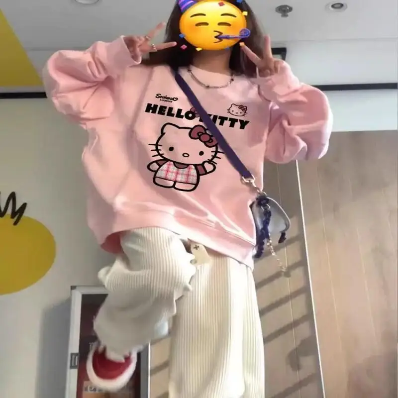 

Новая толстовка Sanrio Hello Kitty: осенне-зимняя, в американском и японском стиле, с круглым вырезом, с принтом, свободного кроя, милый мультяшный дизайн