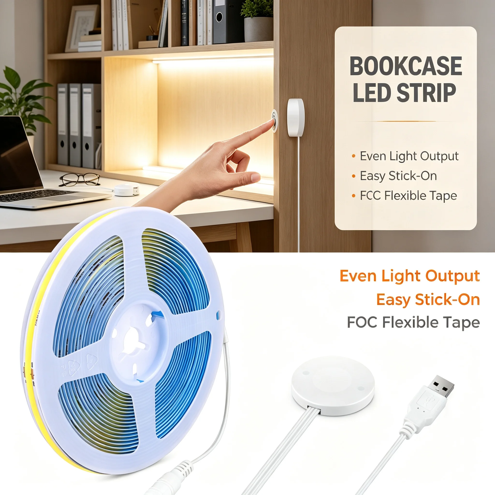 COB LED Under Cabinet Light Strip with Through‑Board Touch Sensor Controller, USB Powered Stepless Dimming Memory Feature