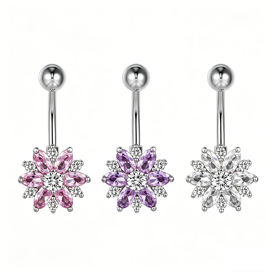 Piercings de Ombligo de Titanio Quirúrgico con Cristales Transparentes, Rosas y Morados, Anillos de Ombligo con Flores Pequeñas para Mujer, Joyería Corporal de 14G