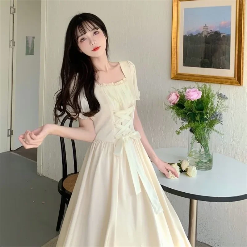 French Retro Dresses Women Square Collar Puff Sleeve Pleated Bandage Flattering Waist A-line Midi Princess Style Elegant Girls