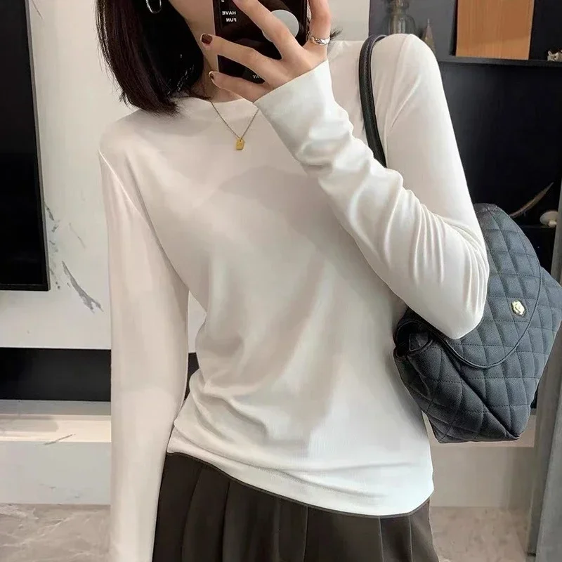 AOSSVIAO Autumn Winter Slim Fit Shoulder Long Sleeve Women T-shirt Trendy O-Neck Base Tee Super Soft Mask Versatile Slimming Top