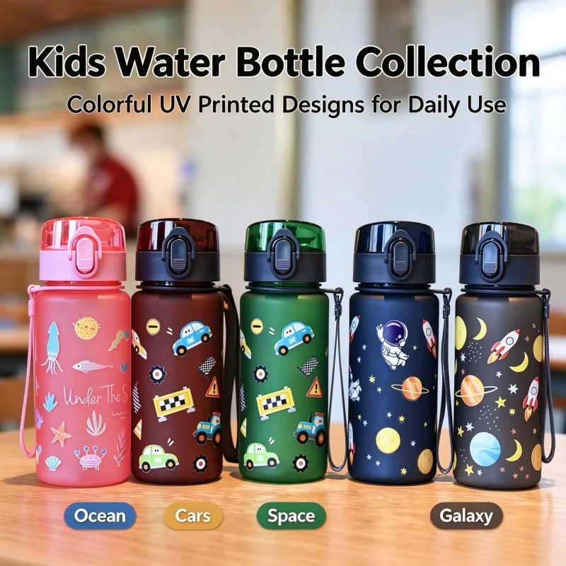 400ml Cute Cartoon Pattern Water Bottle Portable Bounce Lid Plastic Drinking Cup with Carry Strap Outdoor Sports Water Bottle